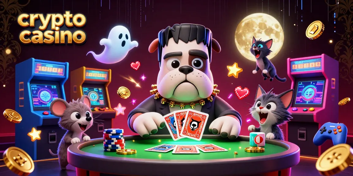 Casino crypto avec des personnages fantastiques jouant aux cartes sur une table lumineuse pleine de pièces d'or.