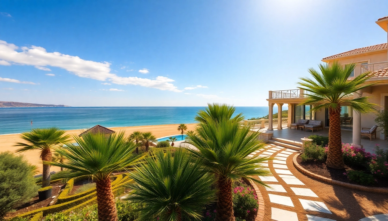 Exploring luxury property for sale in Alanya with scenic coastal views and vibrant landscaping.