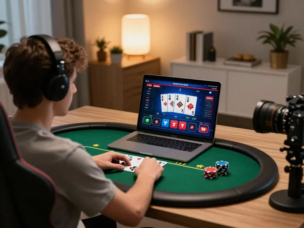Player focused on online poker at dh88.bio, showcasing strategic gameplay in a cozy home setting.
