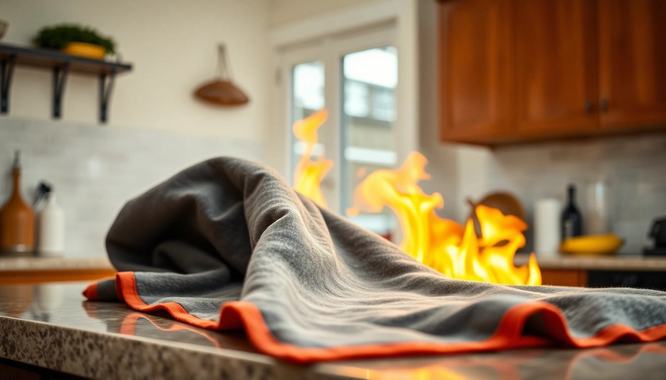 Using a fire blanket effectively over a small kitchen fire with flames visible in background.