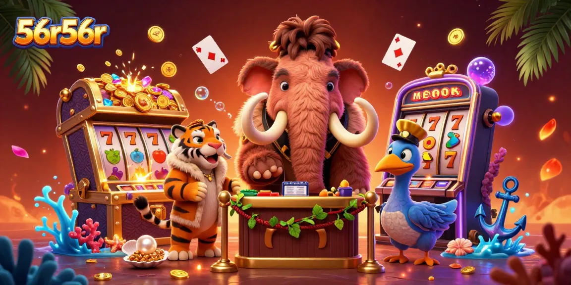 56r56r showcases a vibrant casino scene with a mammoth bouncer checking IDs, surrounded by slot reels and treasure.