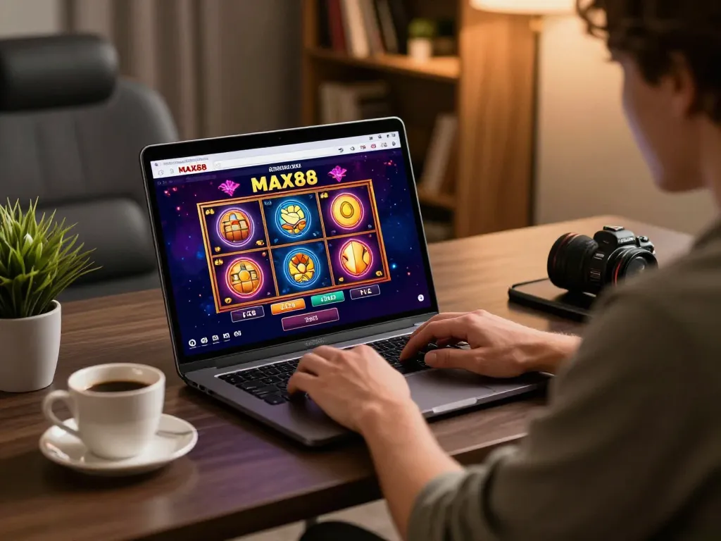 Engaging online gambling gameplay at MAX88, showcasing vibrant slot games on a laptop with a cozy atmosphere.