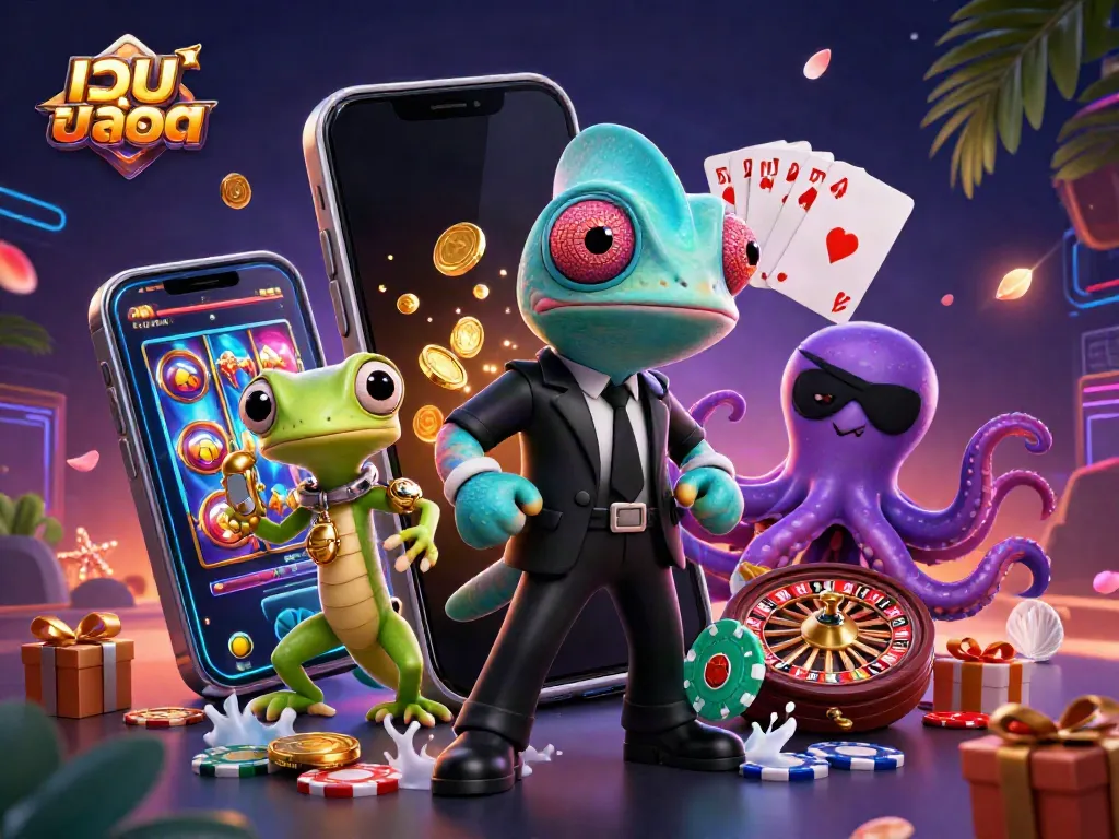 Explore dynamic slot gaming with เว็บสล็อต featuring a chameleon agent, gecko techie, and octopus in action.