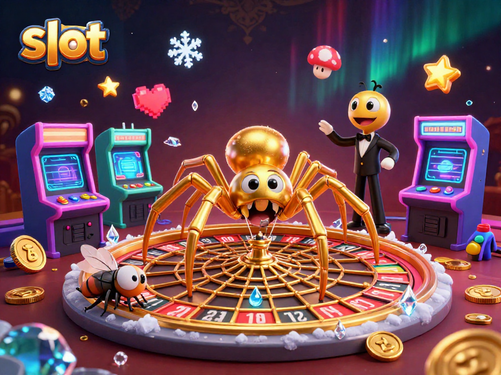 Slot plinko online mengasyikkan dengan ilustrasi laba-laba emas dan mesin arcade ceria.