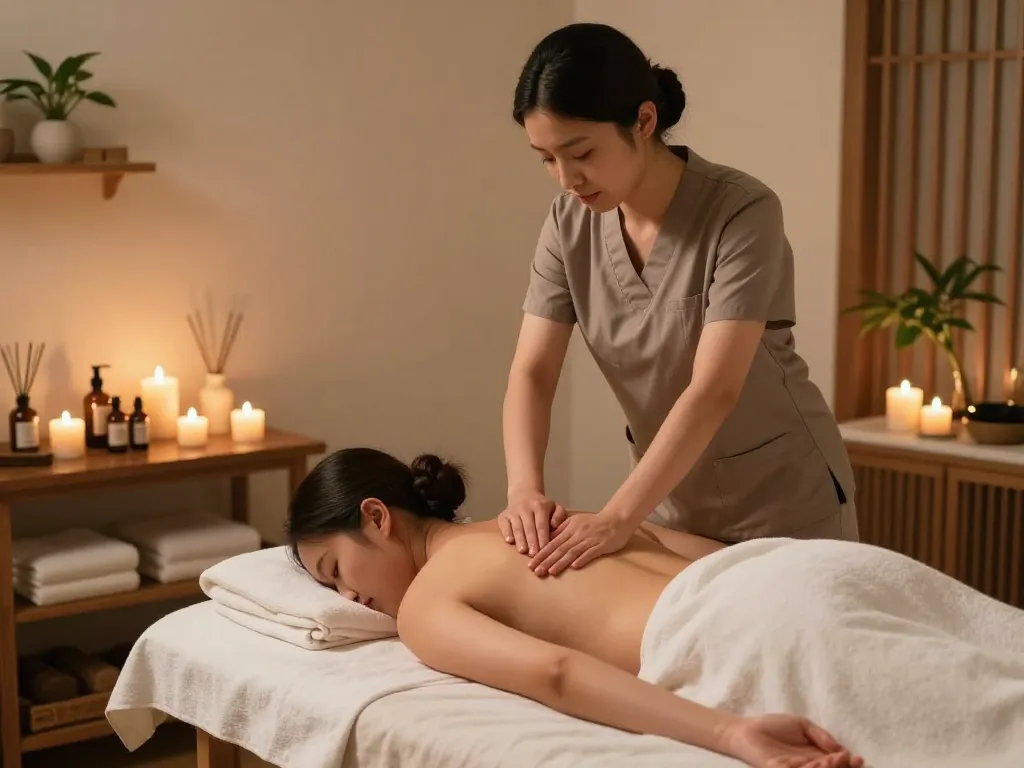 Relaxing Swedish massage experience at a wellness spa with ambient light and soothing decor, highlighting 강남스웨디시.