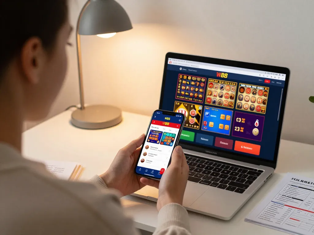 Engaging with the W88 mobile app for online gaming in a cozy home setting, showcasing casino game options.