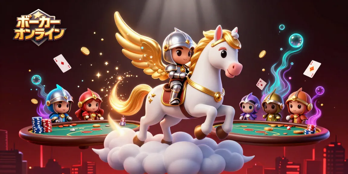 ポーカー オンラインの魅力を伝える色彩豊かなシーンで、ポーカーのゲームアイテムが飛び交うイラスト。