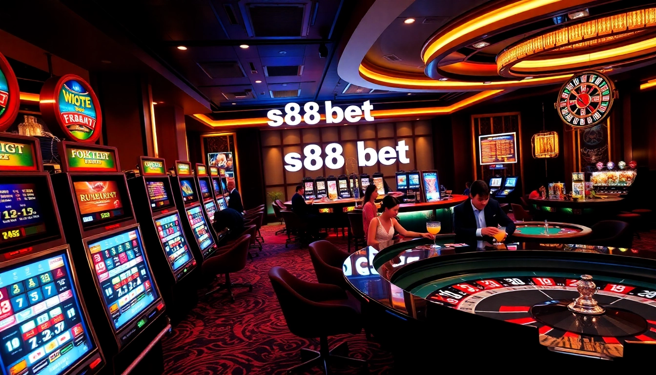 Players enjoying a thrilling game at s88bet casino with vibrant slot machines and poker tables.
