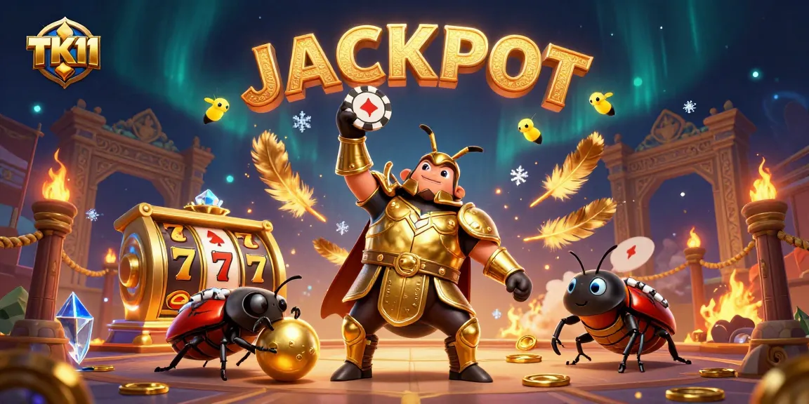 TK11 casino illustration with hercules beetle lifting a poker chip, showcasing vibrant casino elements.