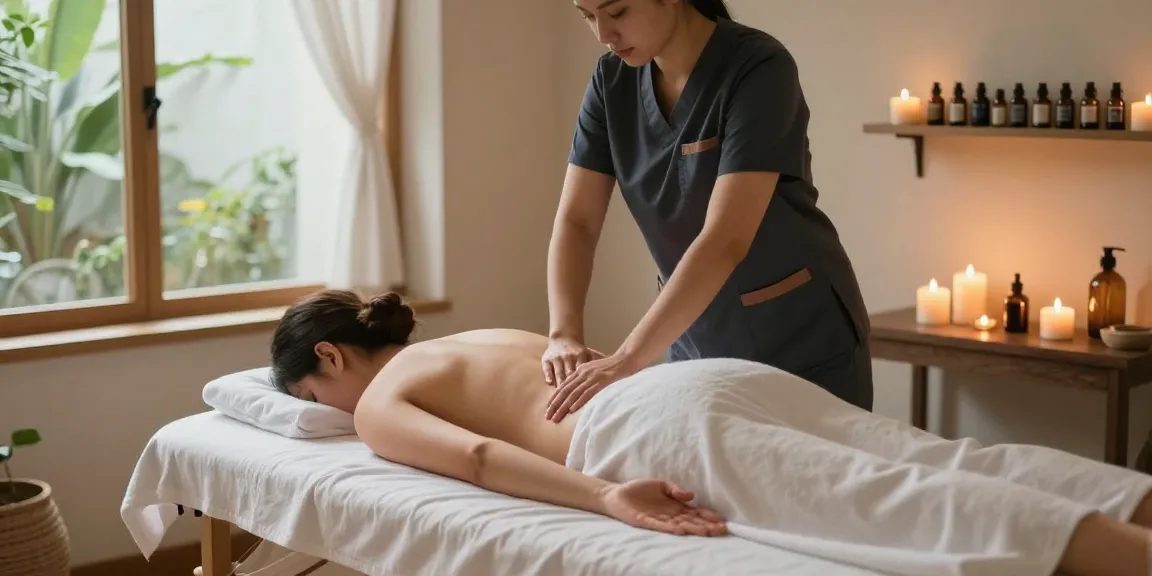 마사지 서비스를 제공하는 아늑한 스파 내부에서 마사지 테라피스트가 고객에게 스웨디시 마사지를 하고 있는 모습