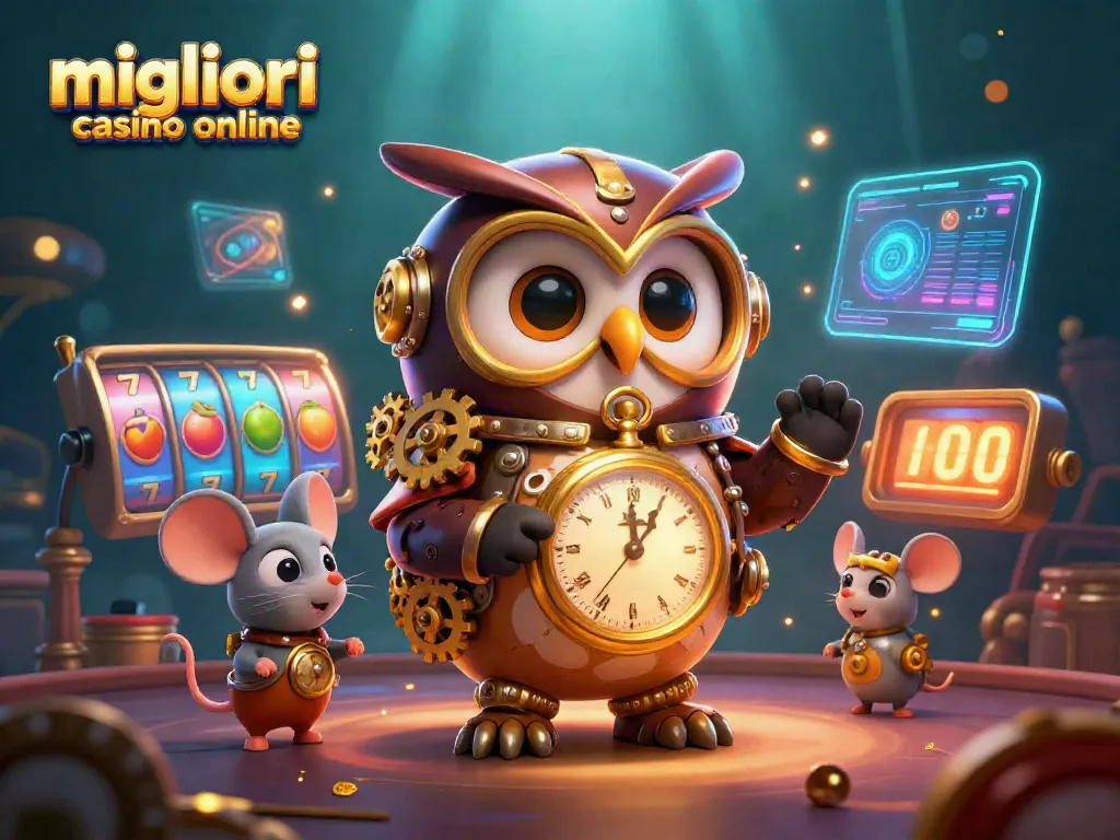 Illustrazione 3D di un gufo viaggiatore nel tempo in un casinò, mostra i migliori casino online in azione.