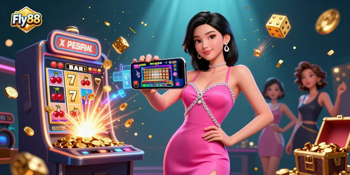 Experience the excitement at Fly88 with this vibrant 3D digital illustration showcasing thrilling casino games.