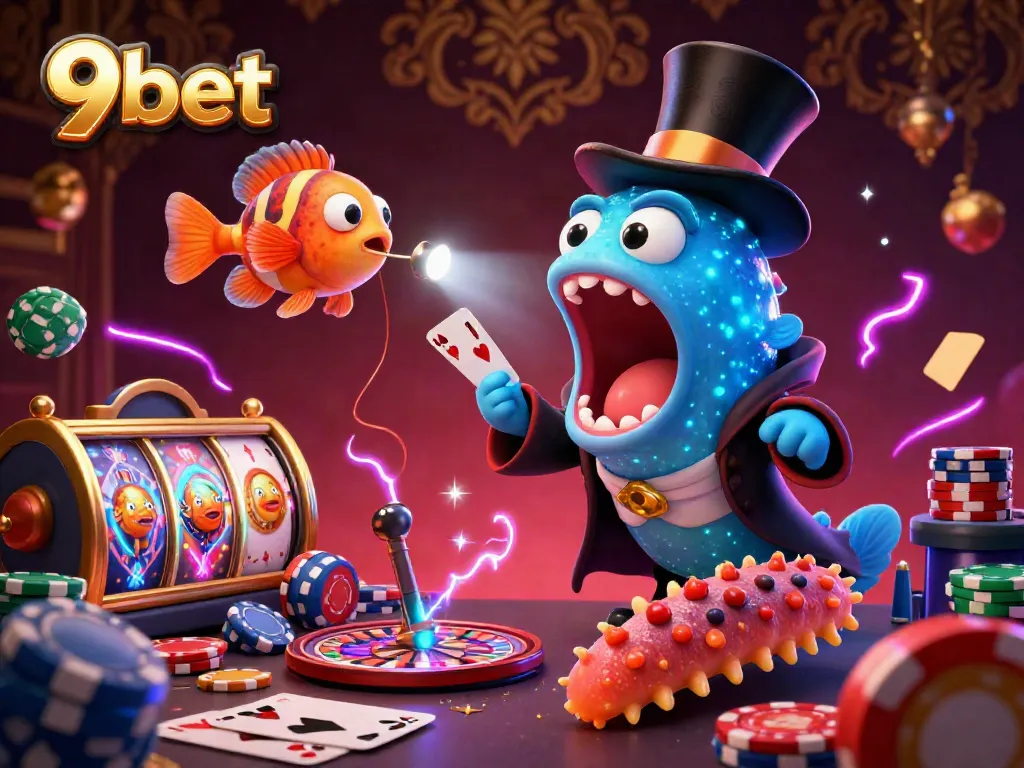 Experience the excitement of 9bet in a vibrant 3D casino scene featuring magical sea creatures performing card tricks.
