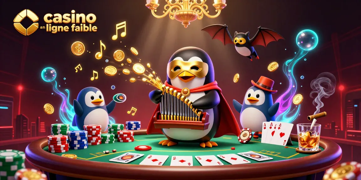 Appréciez le spectacle du casino en ligne fiable avec un pingouin jouant de l'orgue, jetant des pièces d'or.