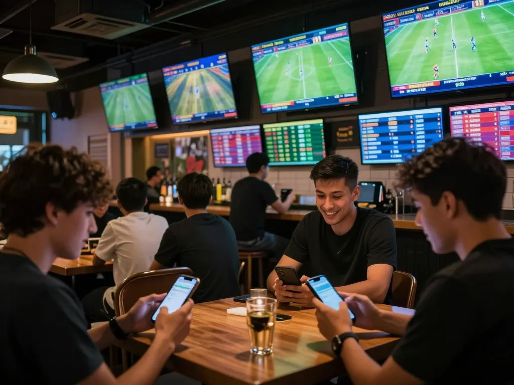 bóng đá lu betting action in a lively sports bar environment, patrons engaging with live soccer matches on digital screens.