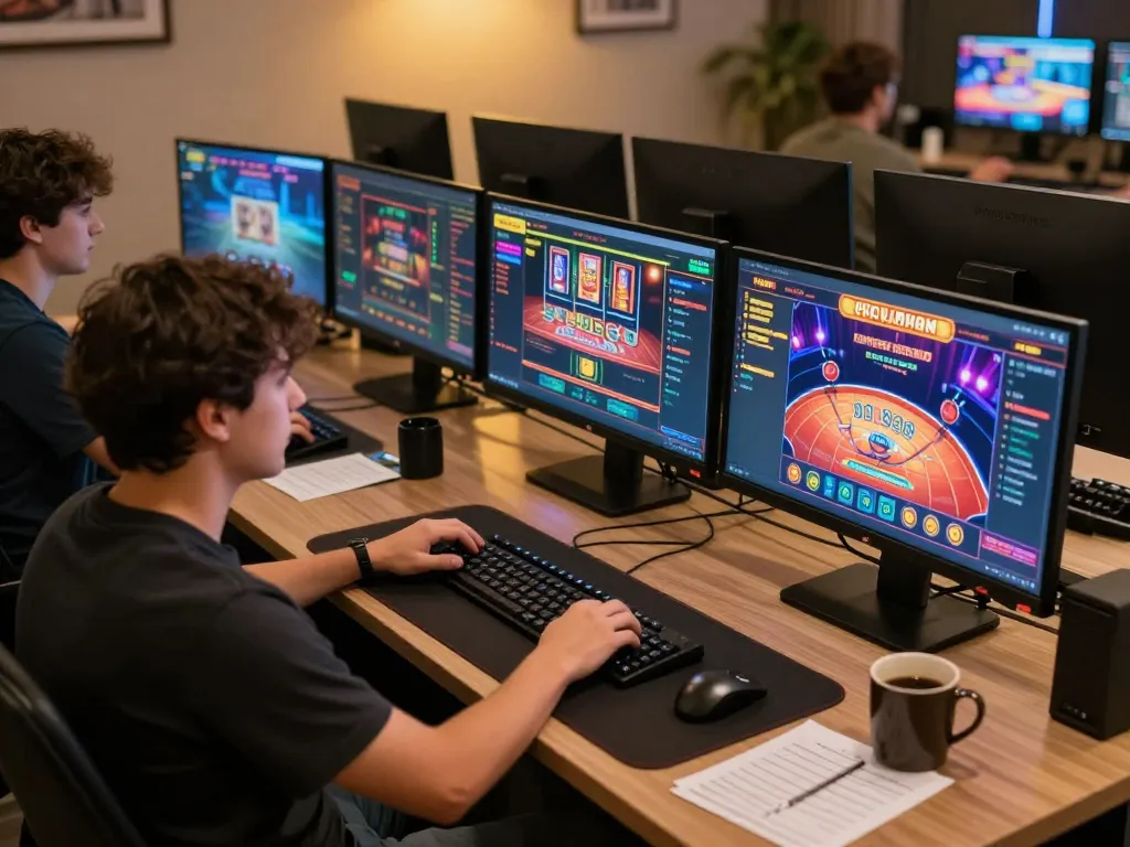 Player using online casino platform 688v, showcasing vibrant games and strategic gameplay in a cozy home office