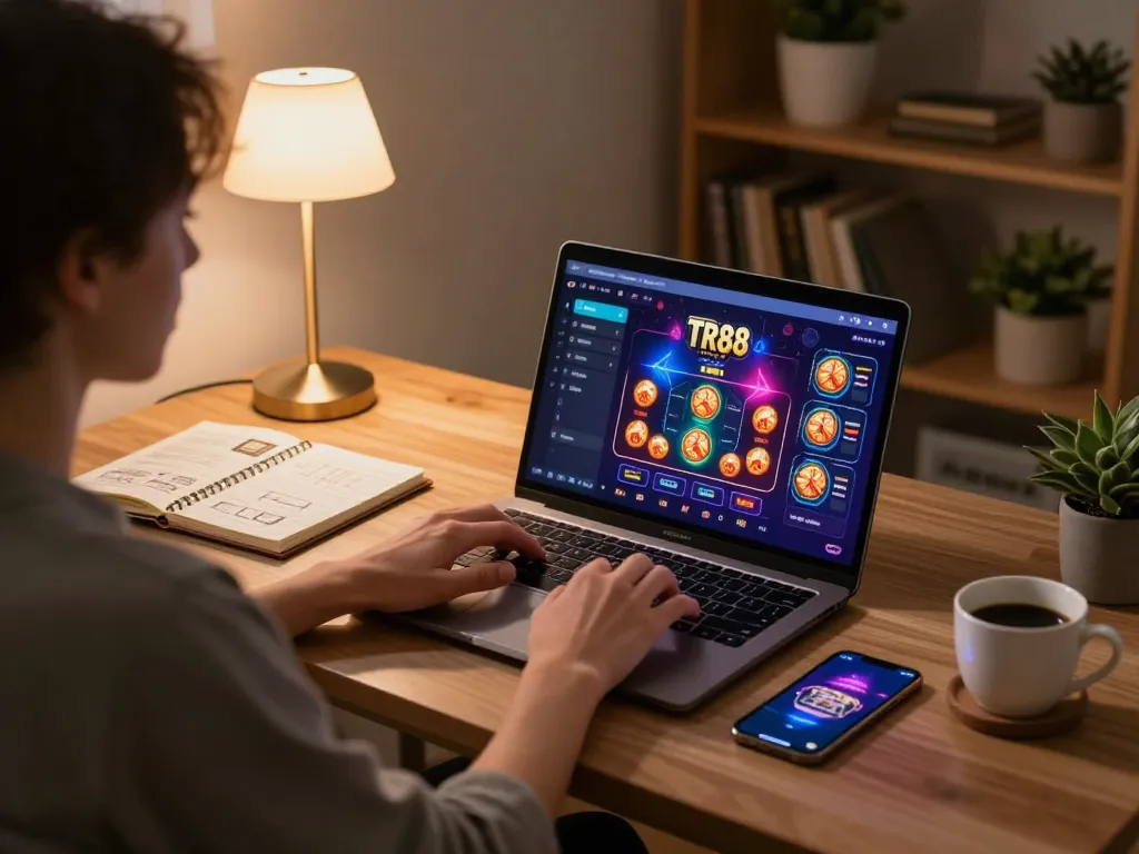 Engaging online session with TR88 casino interface on laptop, showcasing strategic gameplay.