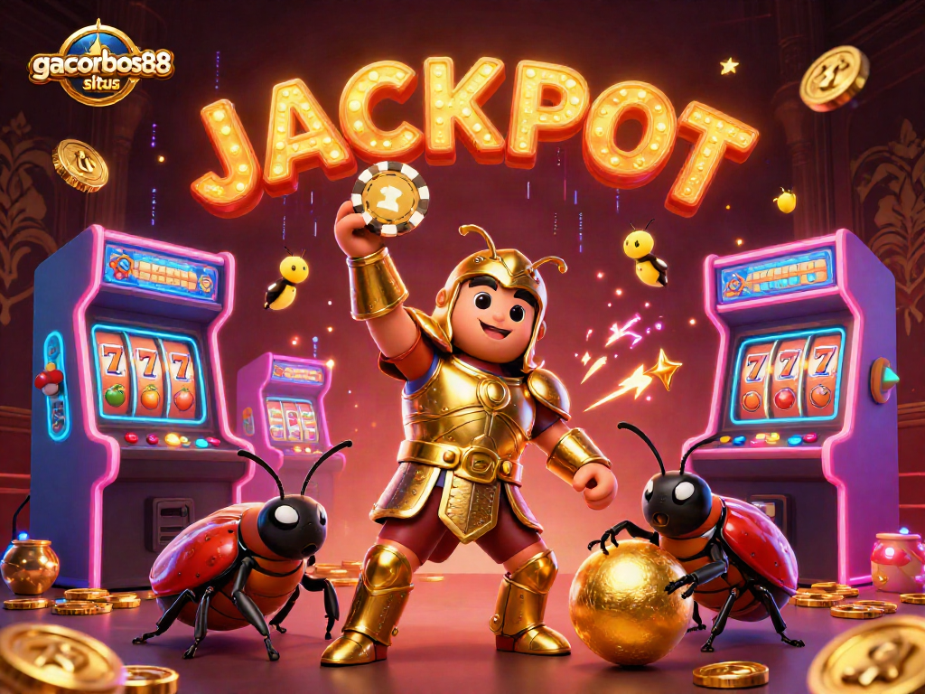 Experience winning with gacorbos88 situs illustrated by a victorious beetle lifting a poker chip.