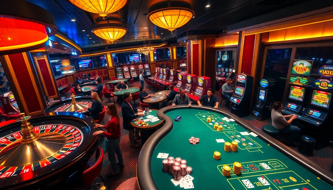 Experience thrilling games at Nhà cái uy tín, featuring poker tables and vibrant slot machines.