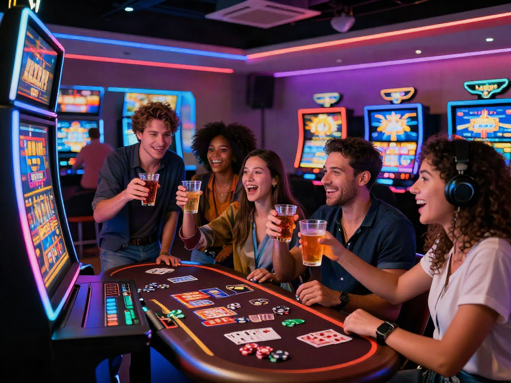 Excited group celebrating a win at a casino online slots machine.