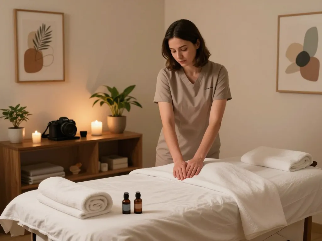 Relaxing Swedish massage room with warm lighting, emphasizing 천안스웨디시.