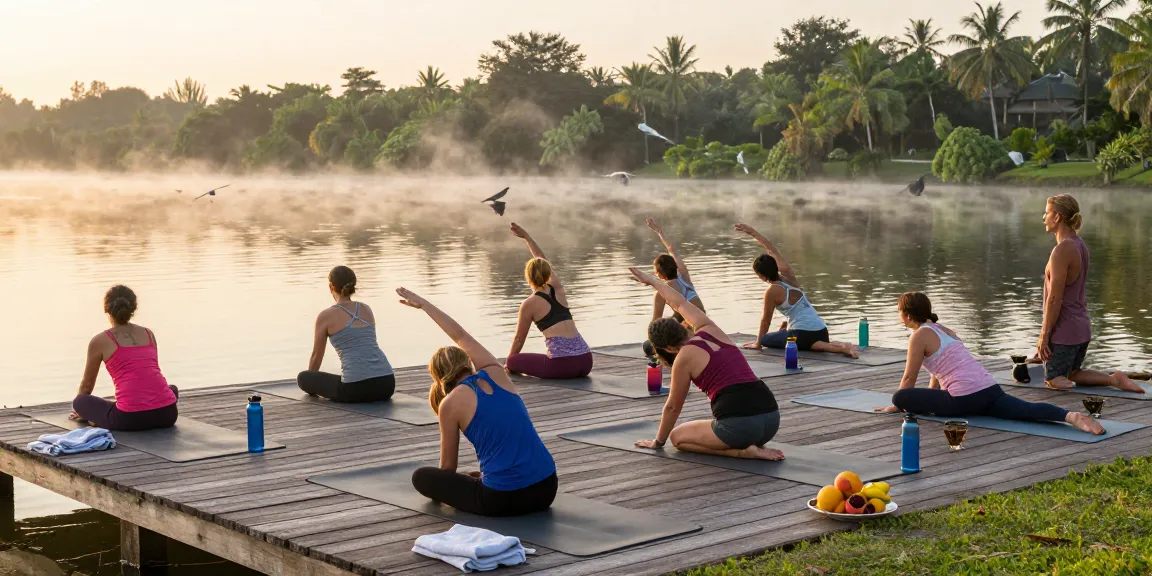 Students engaged in 200hr yoga teacher training Sri Lanka by Koggala Lake, enjoying a serene lakeside sunrise session.