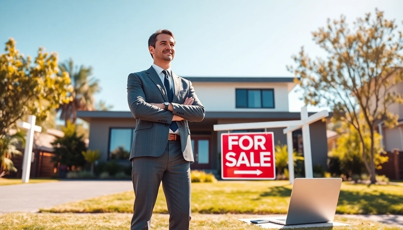 Real Estate agent presenting a modern home for sale in a bright, welcoming setting.