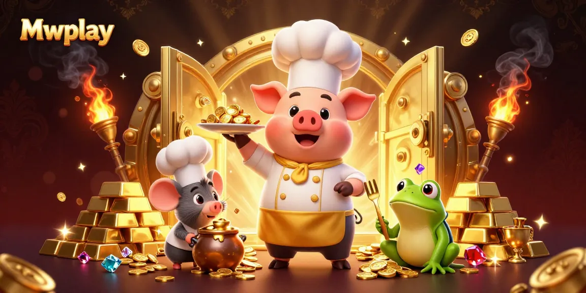 Experience Mwplay's thrilling atmosphere with a vibrant 3D illustration showcasing a chef pig serving gold coins in a casino setting.