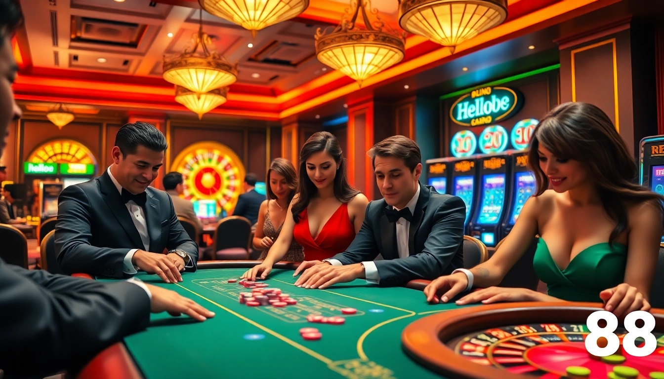 Experience the thrill of gambling with Hello88 at an upscale casino, featuring poker and vibrant slot machines.