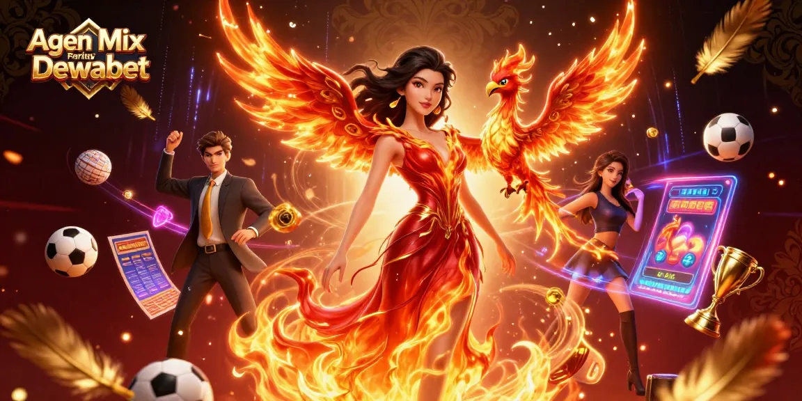 Agen Mix Parlay Dewabet showcases an exciting betting scene filled with dynamic sports elements, featuring a stunning Asian woman and a fiery phoenix.