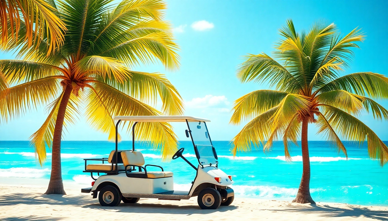 Experience Golf Cart Rental San Pedro Belize with a sunny beach and golf cart scene.
