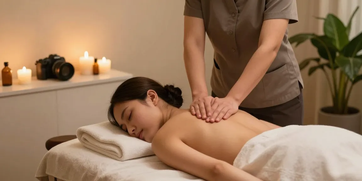 마사지 치료 중인 고객과 마사지 치료사, 아로마 오일과 촛불이 있는 편안한 스파 환경