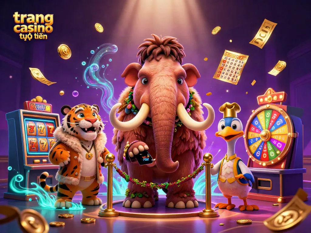 Hình ảnh minh họa trang casino trực tuyến với người giữ cửa là mammoth và khách VIP