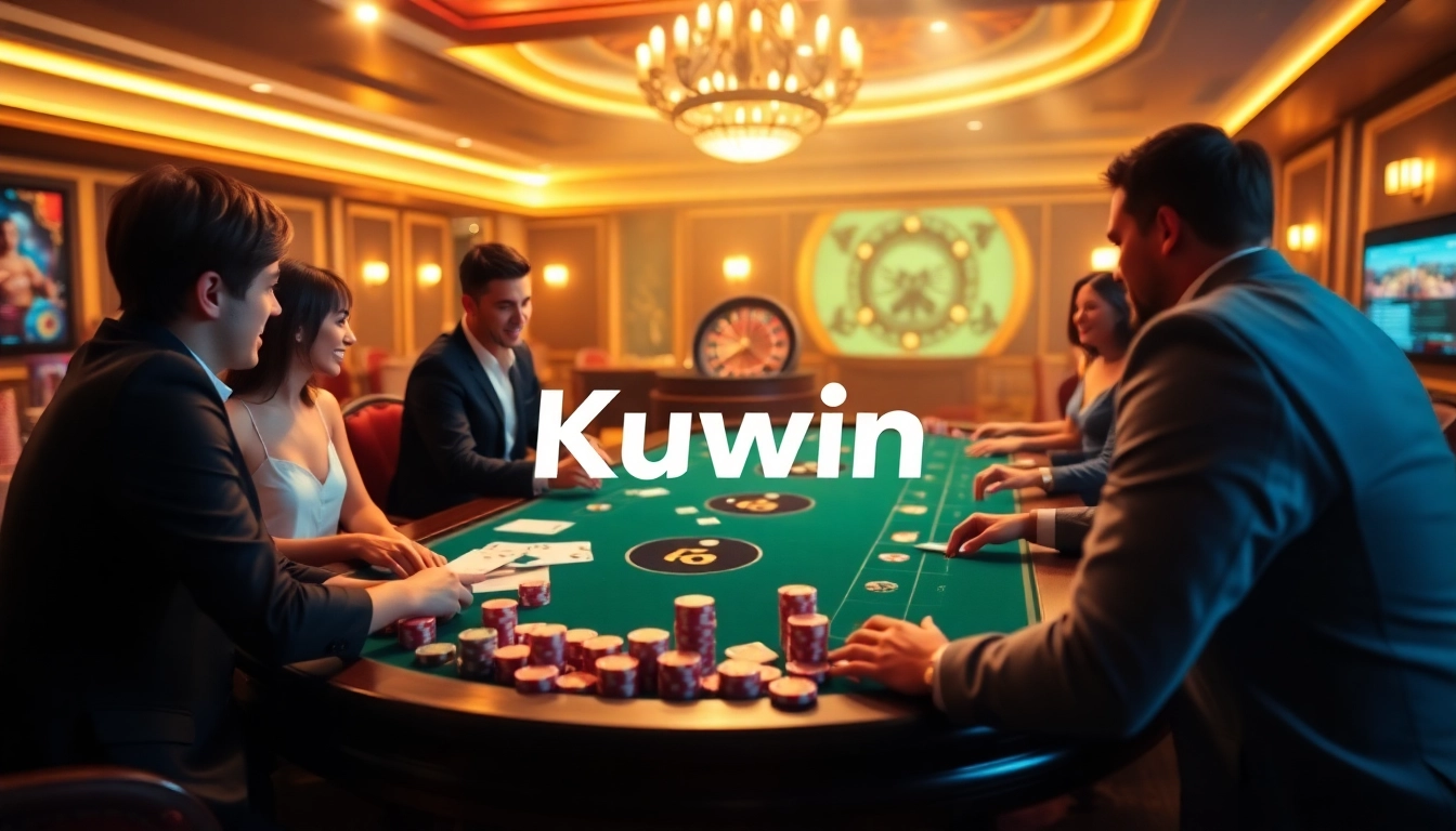 Kuwin players engaging at a luxury poker table, showcasing excitement and high-stakes gameplay.