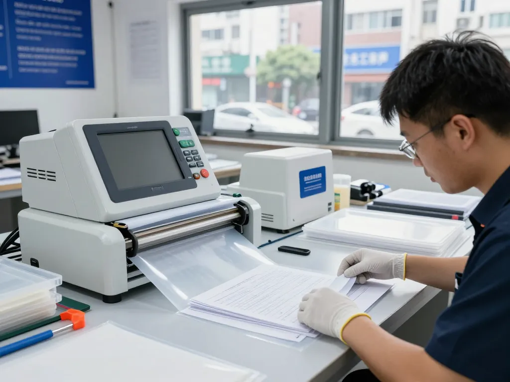 Quy trình bóc ép plastic trong một xưởng chuyên nghiệp với kỹ thuật viên xử lý tài liệu được laminated.