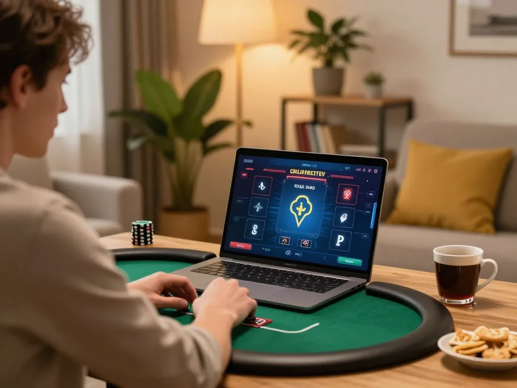 Player enjoying online poker with open88 on laptop in a cozy home setup.