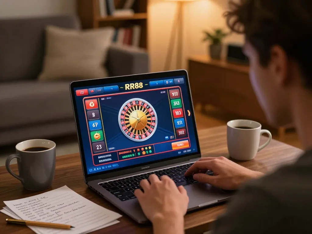 Engaging in RR88 online roulette gameplay at home, showcasing strategic focus and comfortable atmosphere