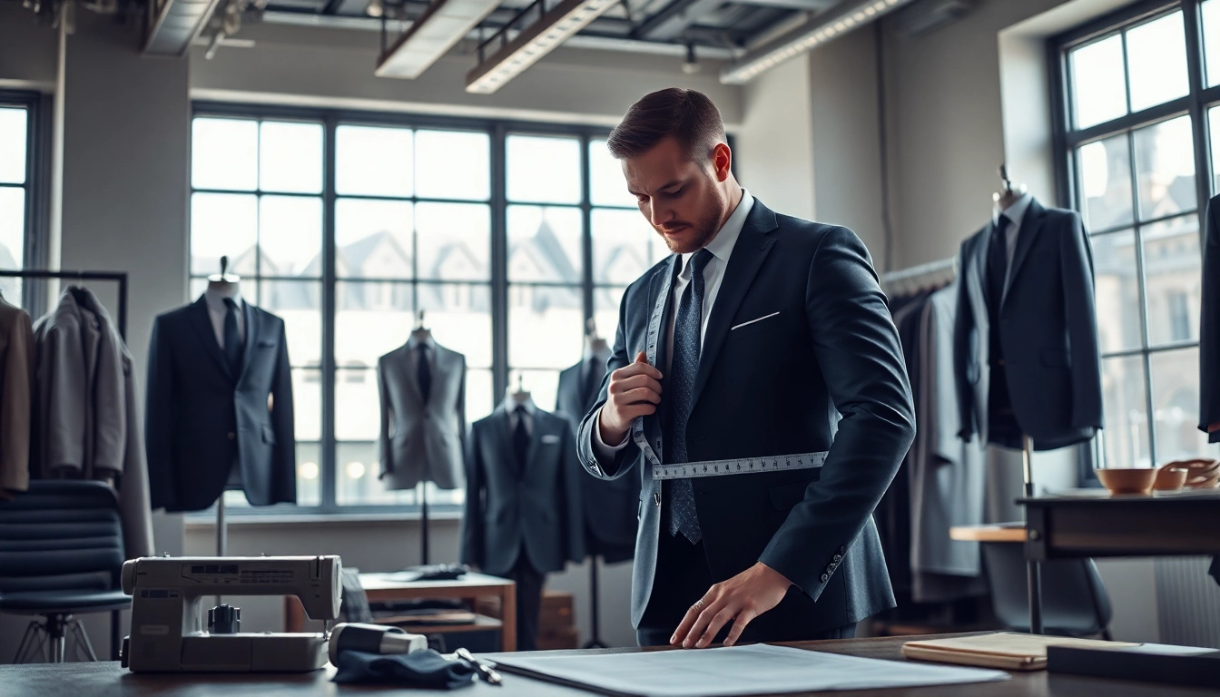 Craft a perfect fit with bespoke custom made suits tailored in an elegant studio setting.