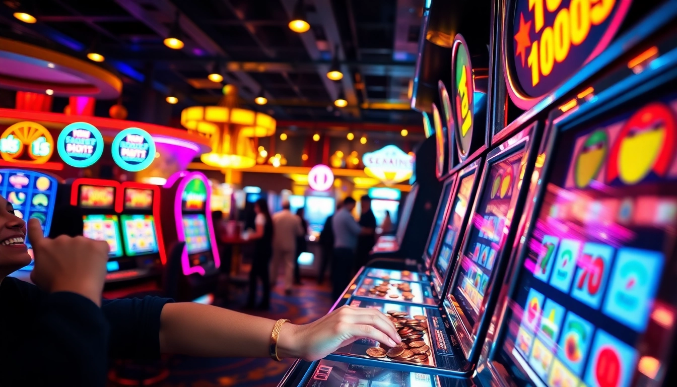 Gamer winning at agen toto slot machine with bright lights and cascading coins.