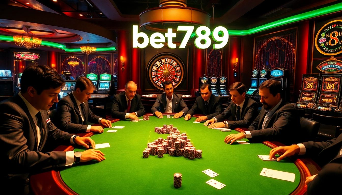 Gamblers engaged in high-stakes poker at bet789 casino, showcasing an exciting atmosphere.