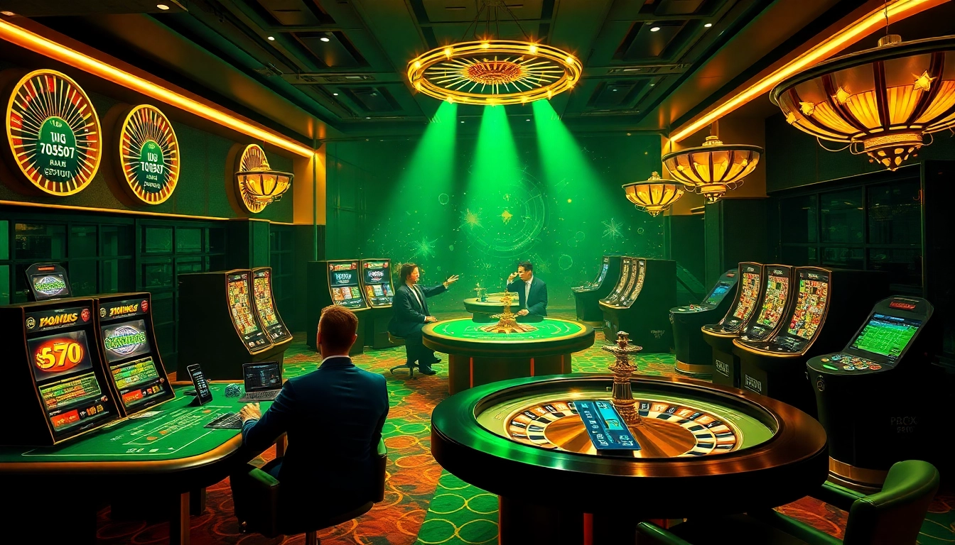 Experience the excitement of phjoy with vibrant casino tables and spinning roulette wheels in a luxurious online setting.