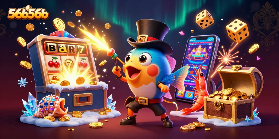 Ilustração 3D vibrante com personagens de cassino, destacando 56b56b e símbolos de caça-níqueis.