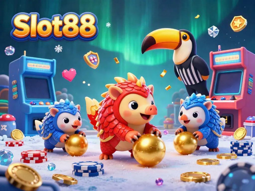 Slot88 dan pangolin bersaing di mesin slot berwarna-warni, dikelilingi chip poker dan confetti.