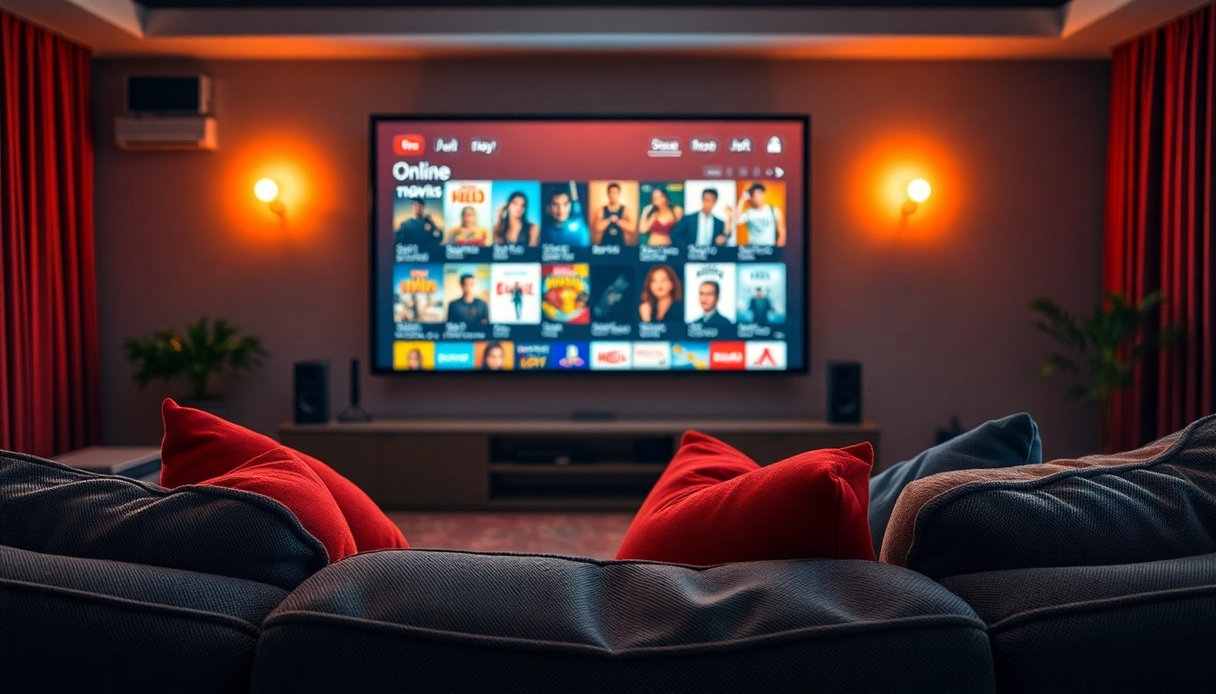 Enjoy watching movies online at a modern home theater with a cozy couch and warm lighting.