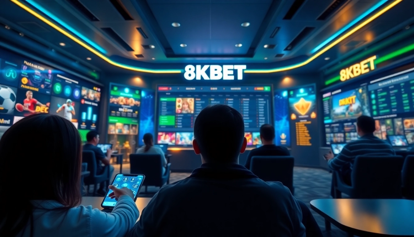 Interactive scene showcasing 8kbet trang chủ with diverse casino games and sports betting, conveying excitement and trust.