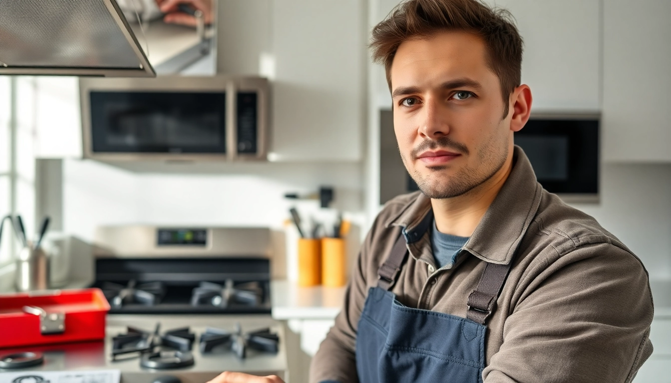 Skilled technician performing stove & cooktop repair in a bright kitchen environment.