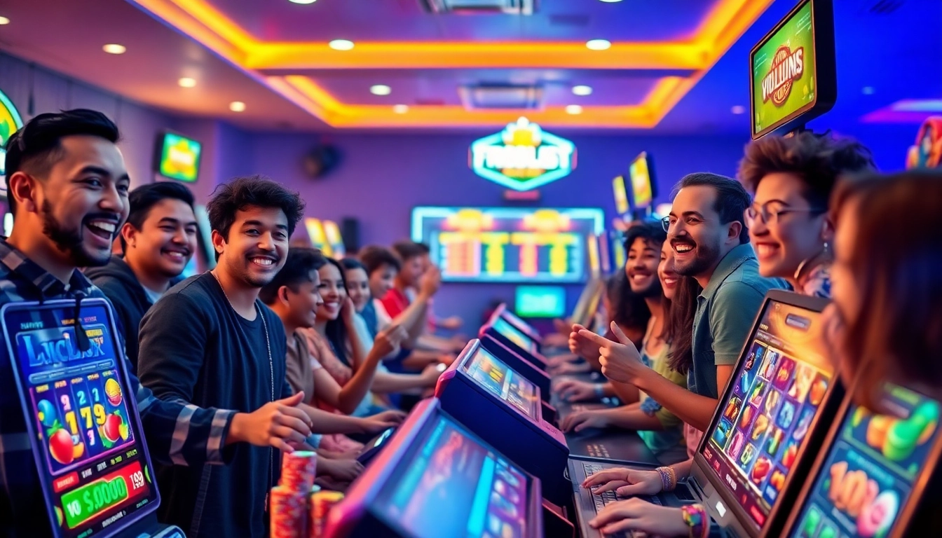 Exciting online gaming atmosphere with players enjoying hoki138 slot machines and vibrant lights.
