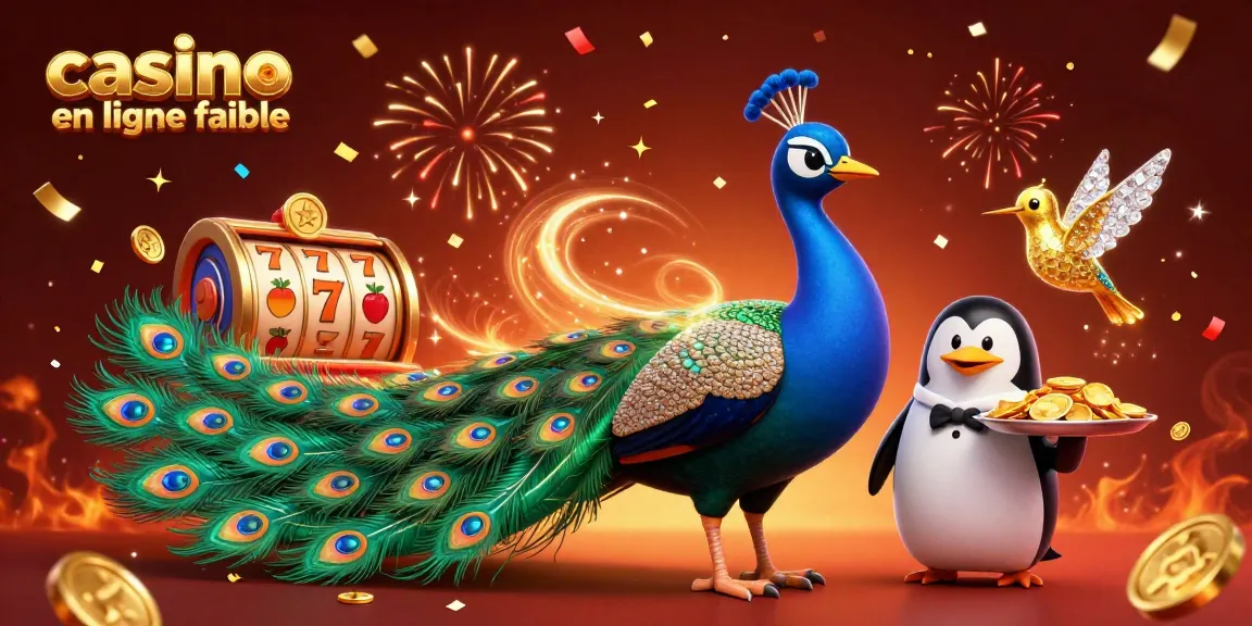 Découvrez un casino en ligne fiable avec un paon aristocratique et un pingouin serveur au milieu des jetons d'or.