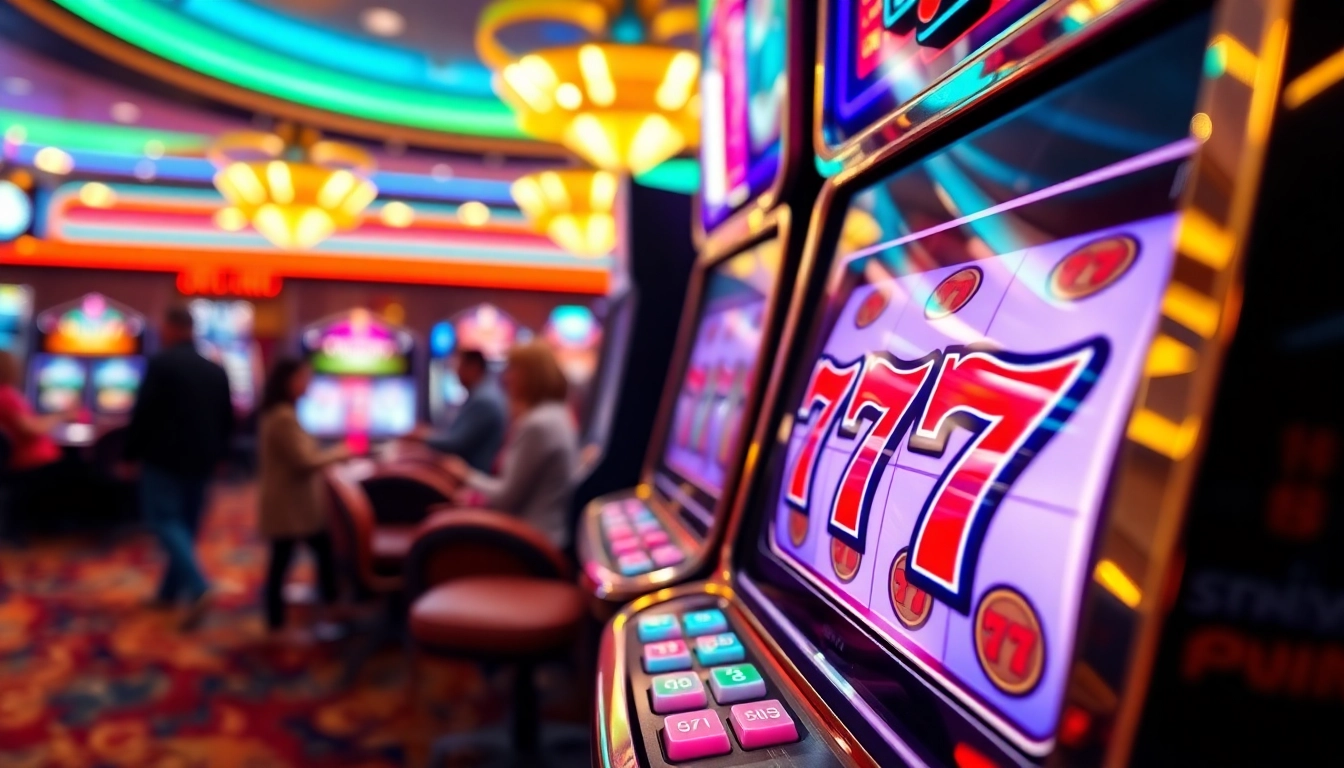 Mainkan slot 777 dengan mesin penuh warna dan pemain antusias di kasino.