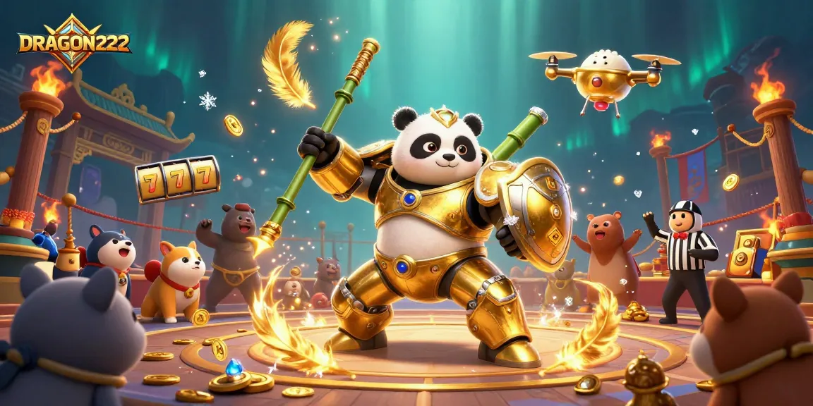 Experience thrilling gaming with DRAGON222 as the golden panda battles in the vibrant slot arena filled with gold coins.